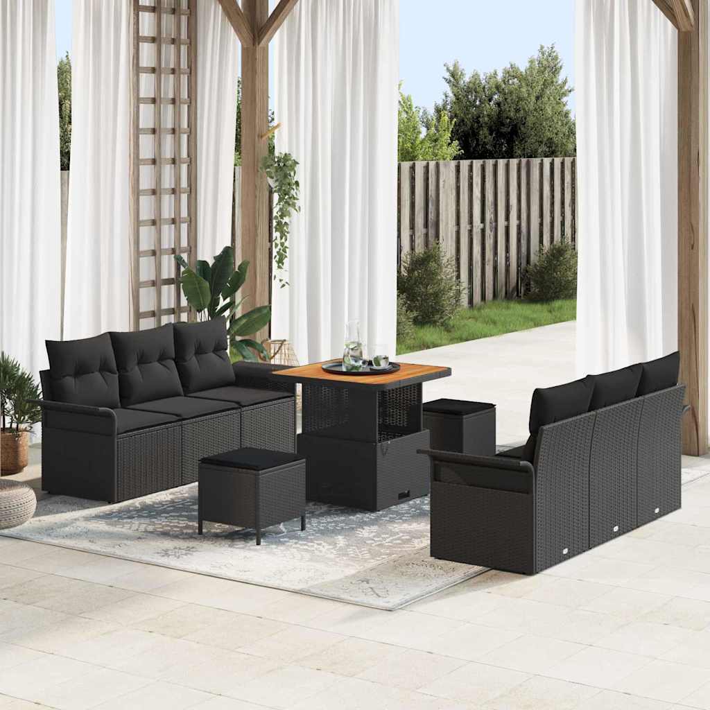 Havesofa sÃ¦t 9 dele - sort polyrattan, stÃ¥l og massivt akacietrÃ¦