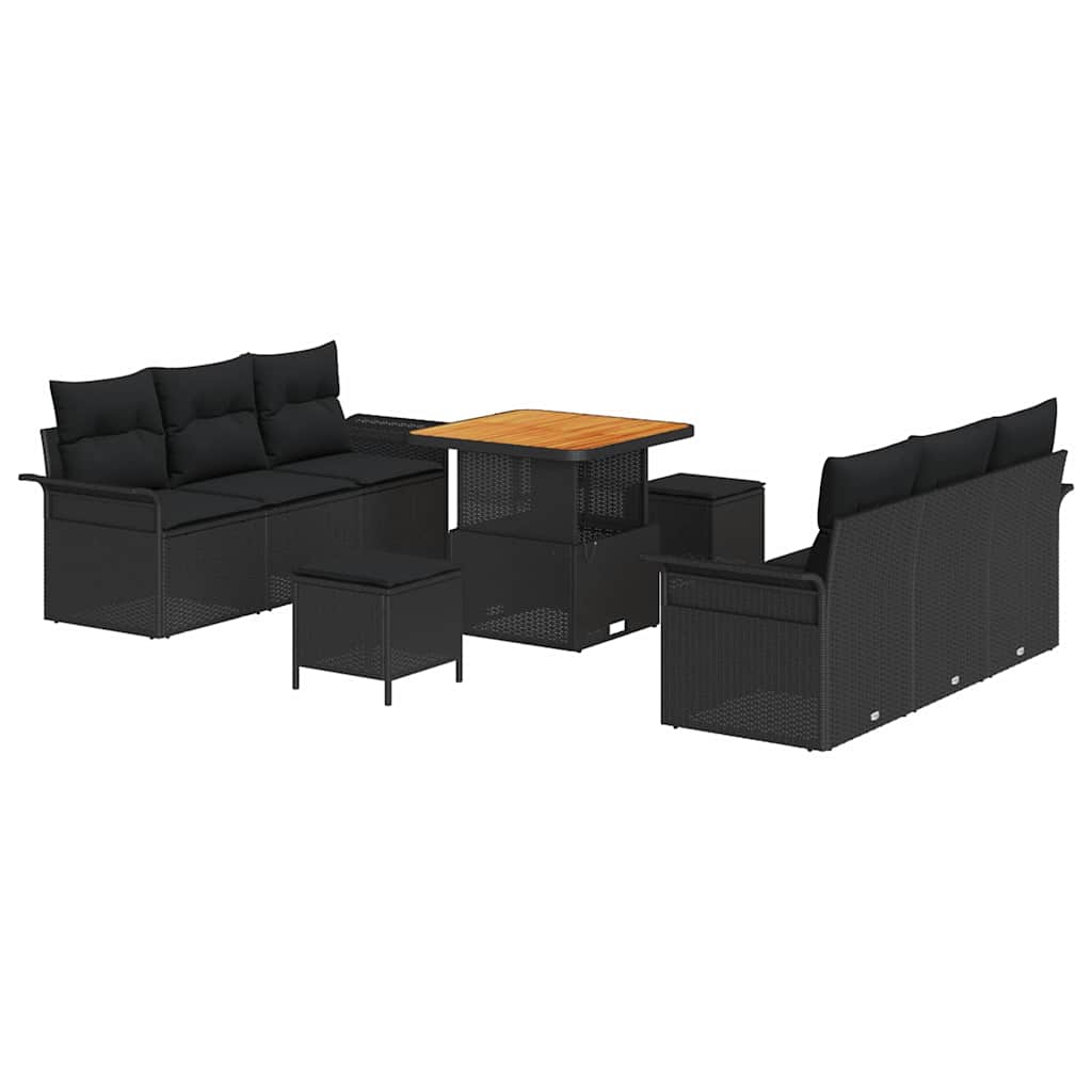 Havesofa Sæt 9 pcs Sort Polyrattan, stål og massivt akacietræ