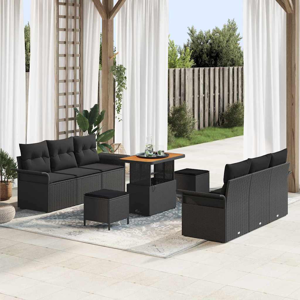 Havesofa Sæt 9 pcs Sort Polyrattan, stål og massivt akacietræ