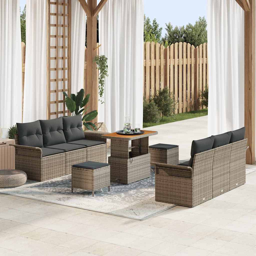 Havesofa Sæt 9 pcs Grå Polyrattan, stål og massivt akacietræ