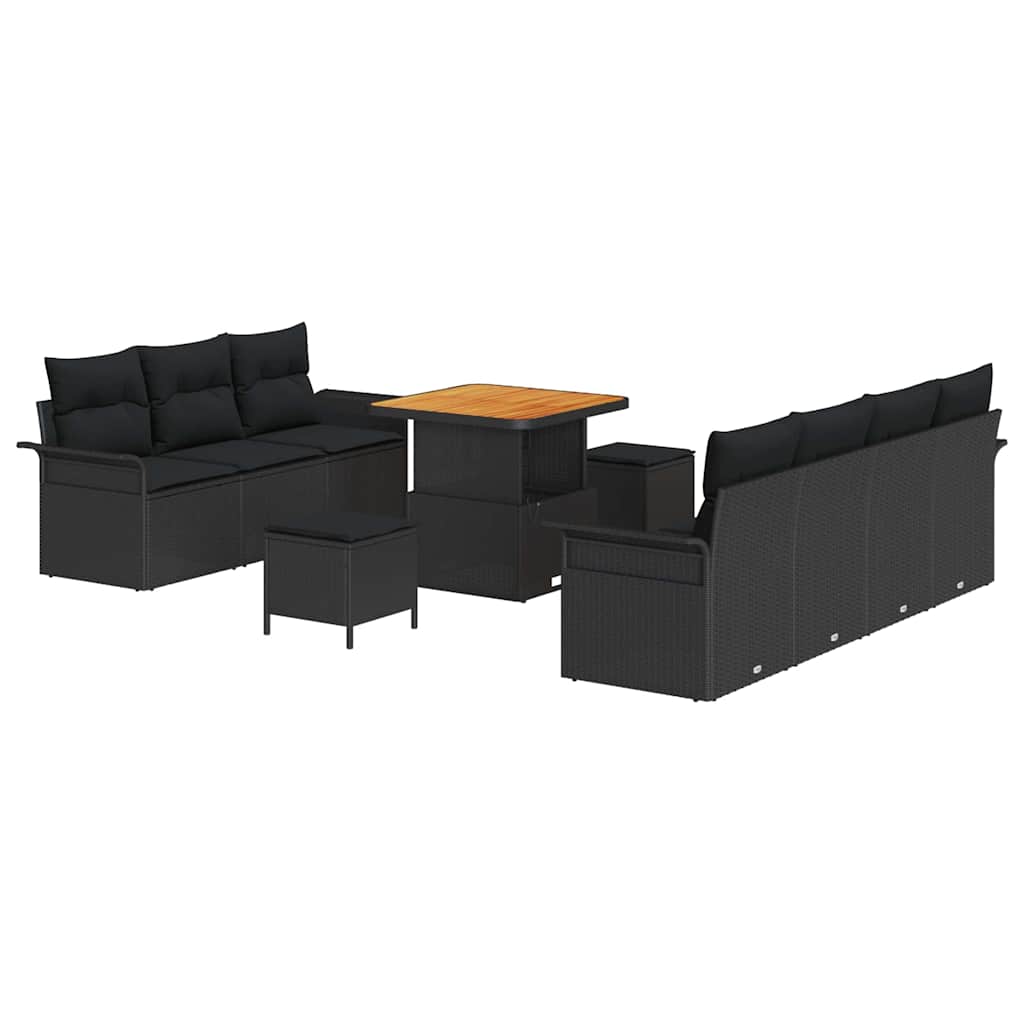 Havesofa Sæt 10 pcs Sort Polyrattan, stål og massivt akacietræ