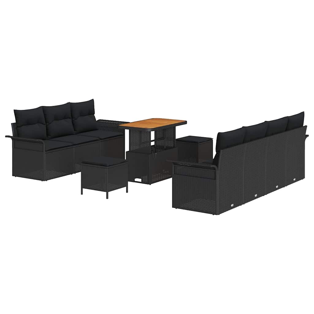 Havesofa Sæt 10 pcs Sort Polyrattan, stål og massivt akacietræ