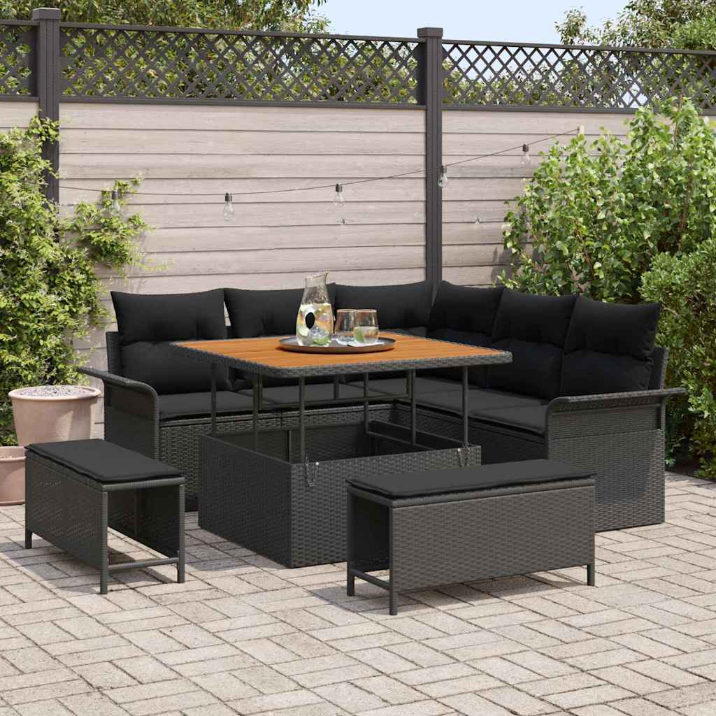 Havesofa Sæt 8 pcs Sort Polyrattan, stål og massivt akacietræ