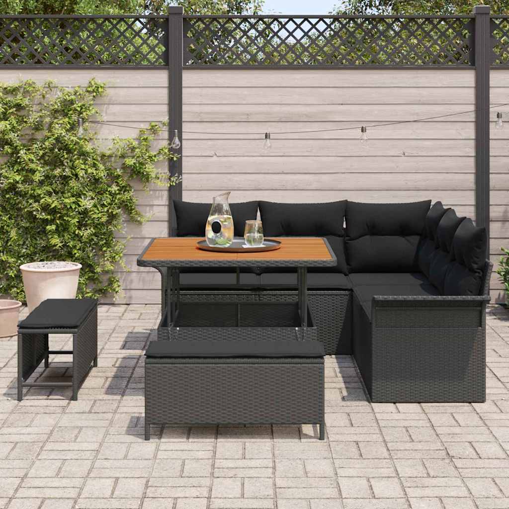 Havesofa Sæt 8 pcs Sort Polyrattan, stål og massivt akacietræ