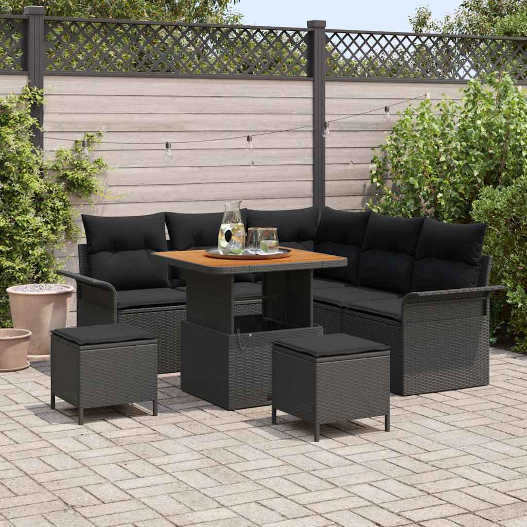 Havesofa sæt 8 dele - sort polyrattan, stål og massivt akacietræ