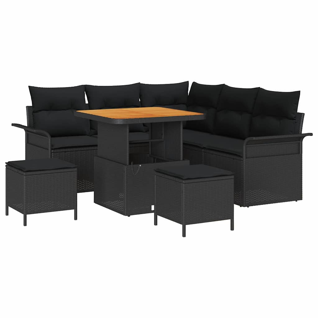 Havesofa Sæt 8 pcs Sort Polyrattan, stål og massivt akacietræ