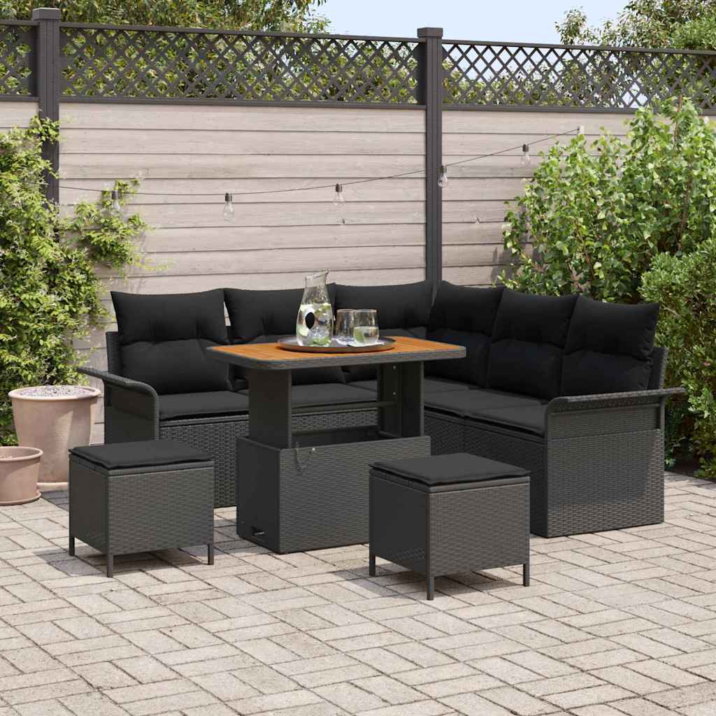 Havesofa sÃ¦t 8 dele - sort polyrattan, stÃ¥l og massivt akacietrÃ¦