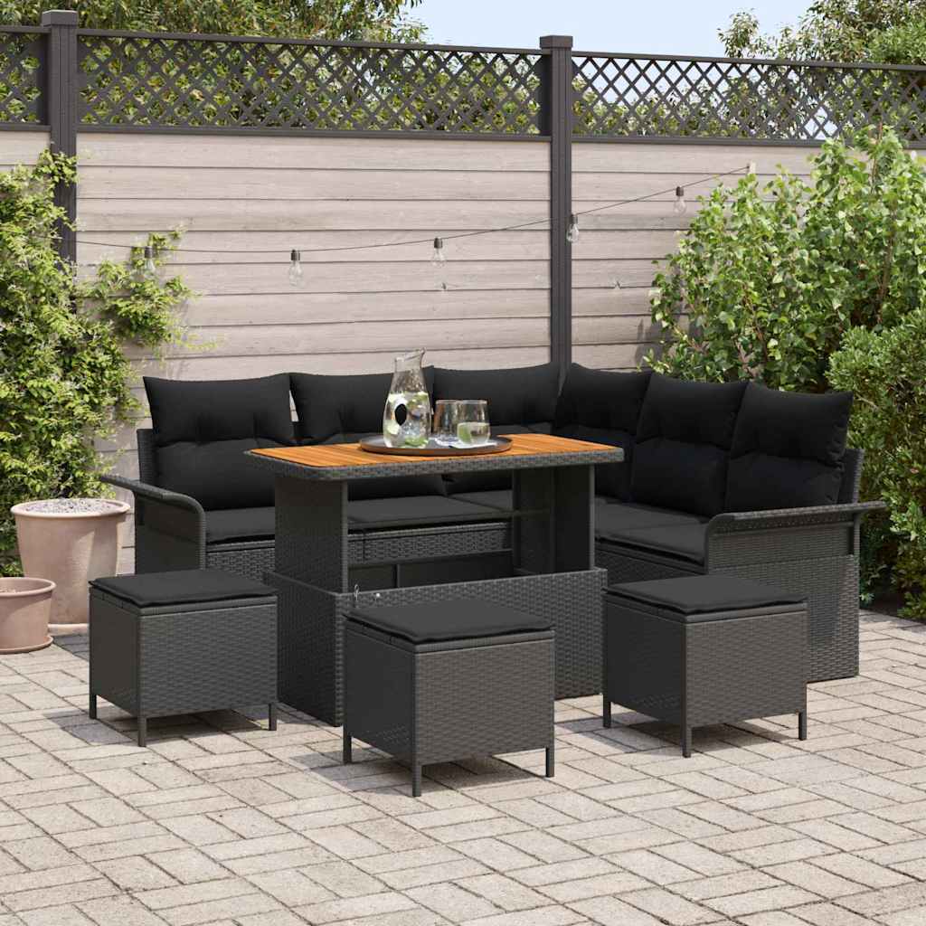Havesofa sÃ¦t 9 dele - sort polyrattan, stÃ¥l og massivt akacietrÃ¦