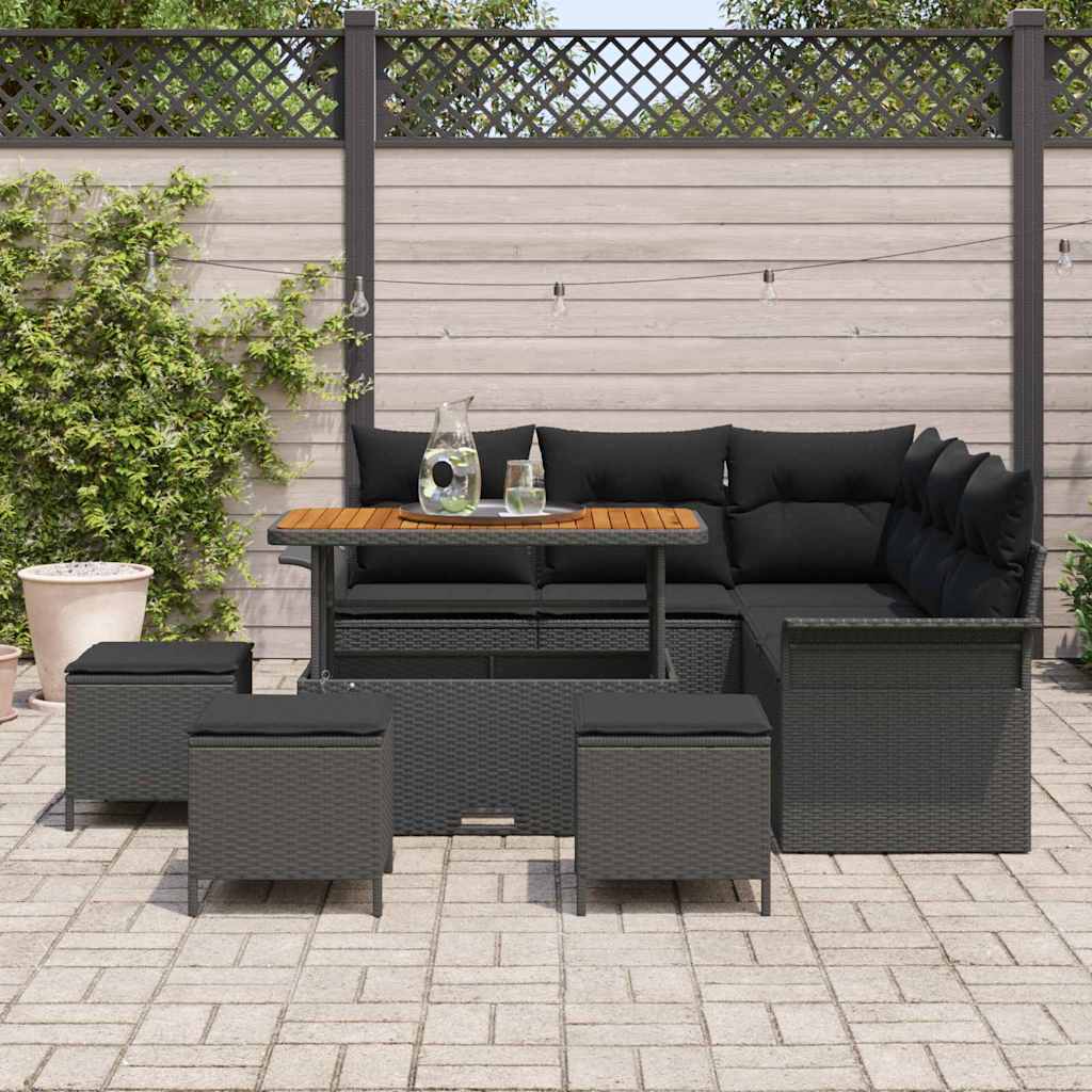 Havesofa Sæt 9 pcs Sort Polyrattan, stål og massivt akacietræ