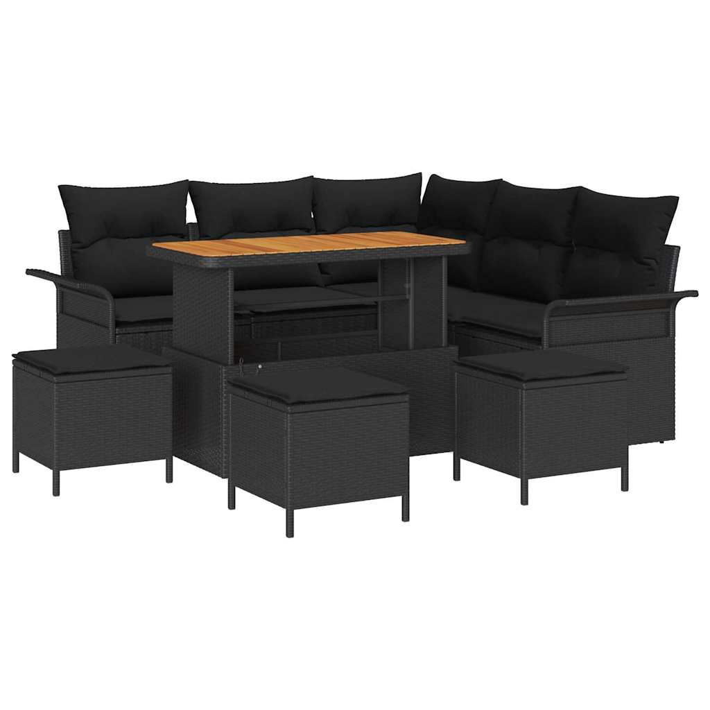 Havesofa Sæt 9 pcs Sort Polyrattan, stål og massivt akacietræ