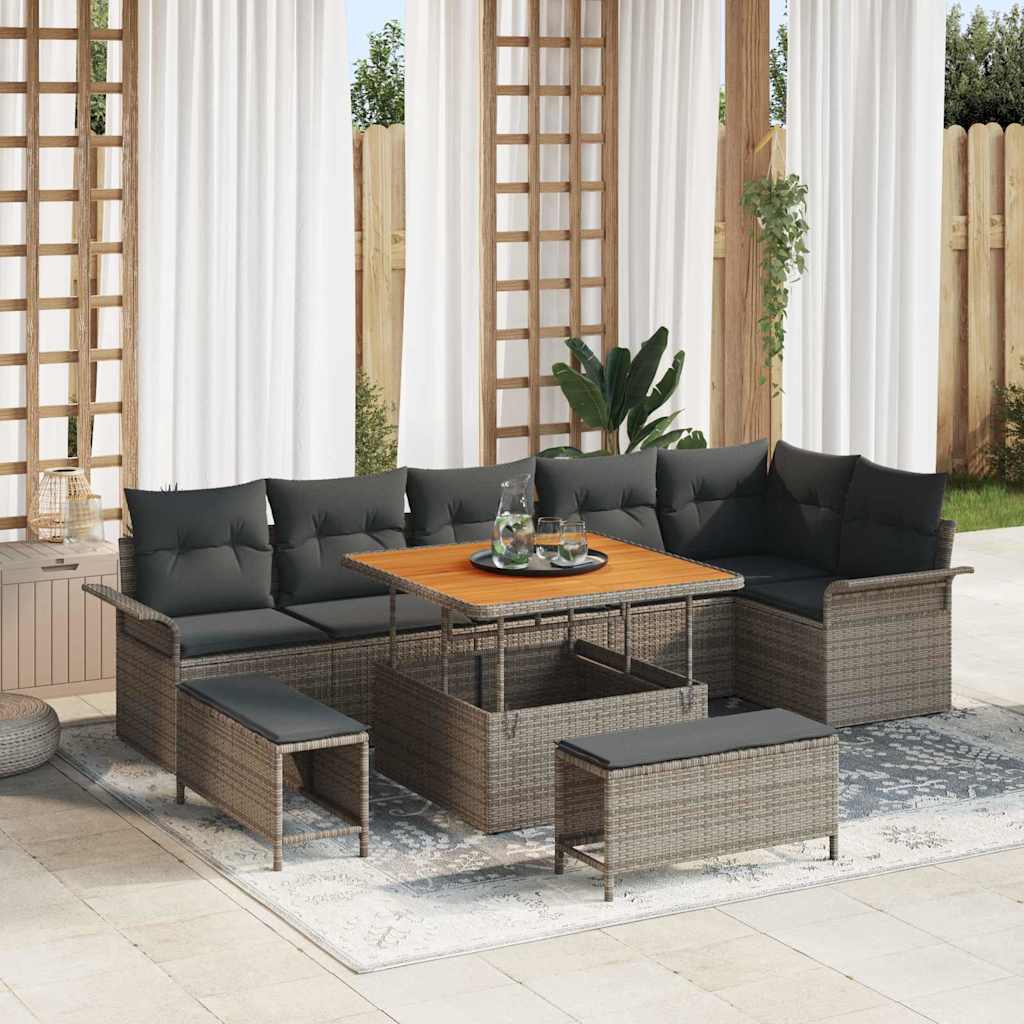 Havesofa Sæt 9 pcs Grå Poly Rattan og Stål og Massivt akacietræ