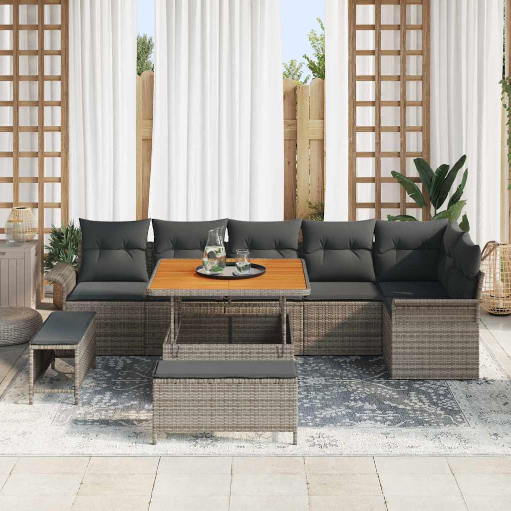 Havesofa Sæt 9 pcs Grå Poly Rattan og Stål og Massivt akacietræ