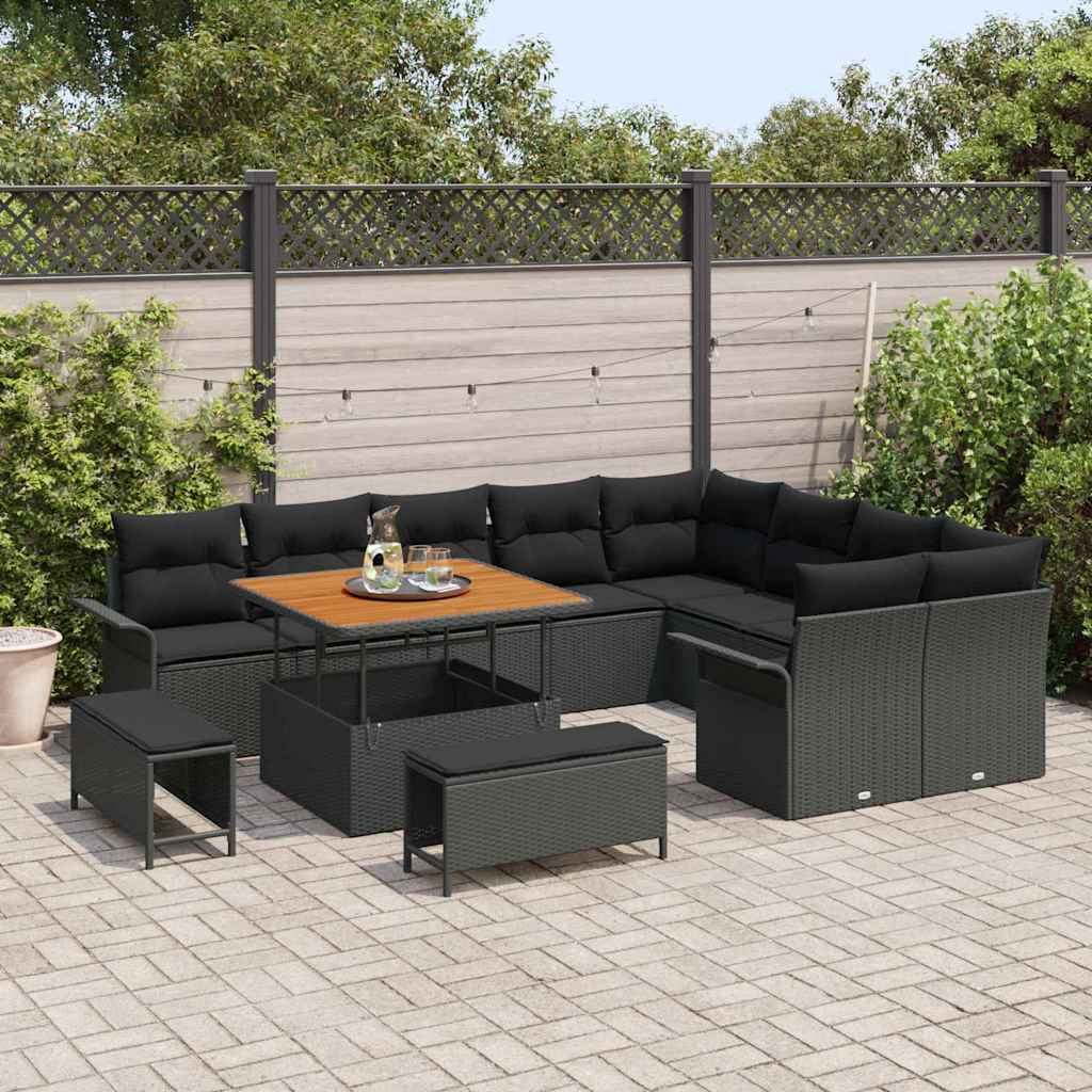 Havesofa Sæt 12 pcs Sort Polyrattan, stål og massivt akacietræ