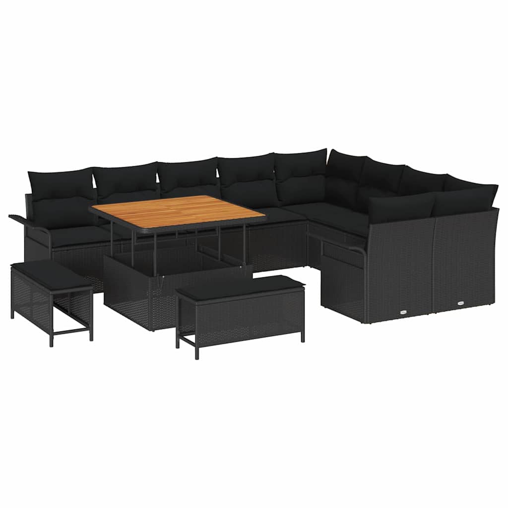 Havesofa Sæt 12 pcs Sort Polyrattan, stål og massivt akacietræ