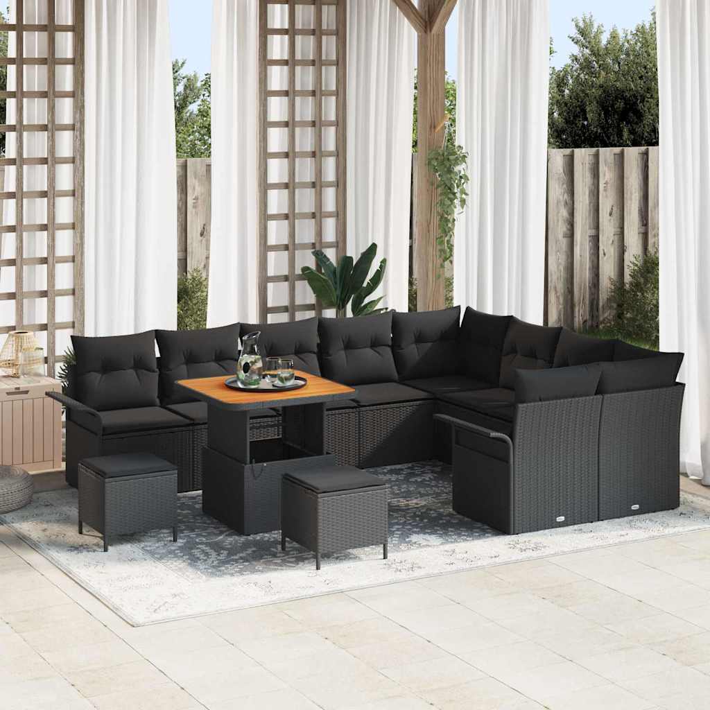 Havesofa Sæt 12 pcs Sort Polyrattan, stål og massivt akacietræ