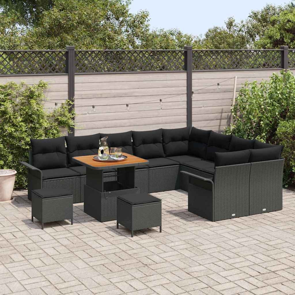 Havesofa Sæt 12 pcs Sort Polyrattan, stål og massivt akacietræ
