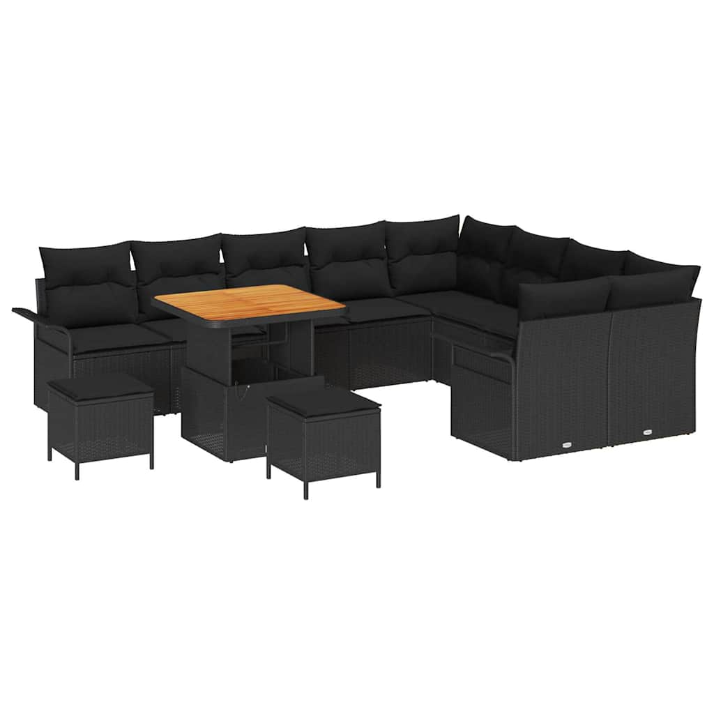 Havesofa Sæt 12 pcs Sort Polyrattan, stål og massivt akacietræ