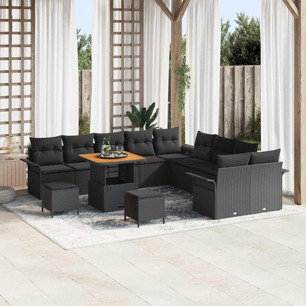 Havesofa Sæt 13 pcs Sort Polyrattan, stål og massivt akacietræ