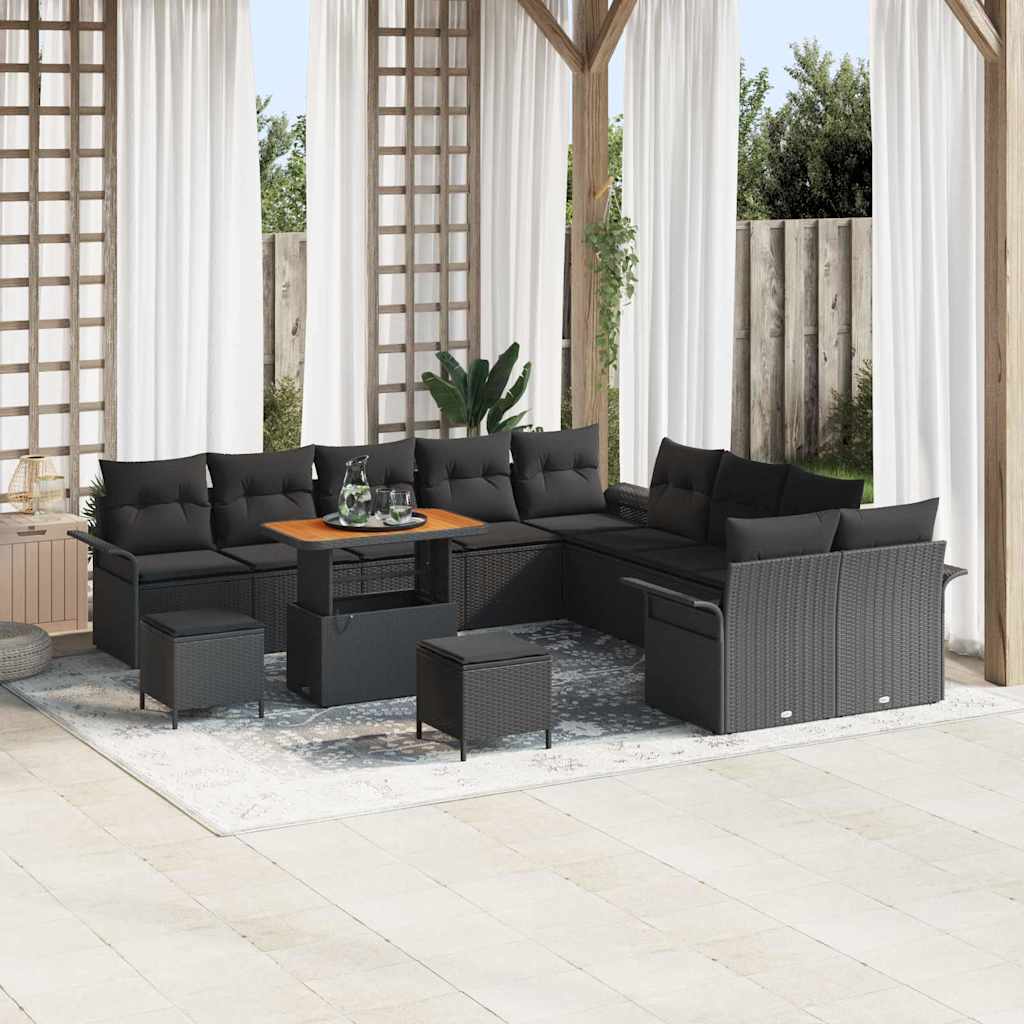 Havesofa Sæt 13 pcs Sort Polyrattan, stål og massivt akacietræ