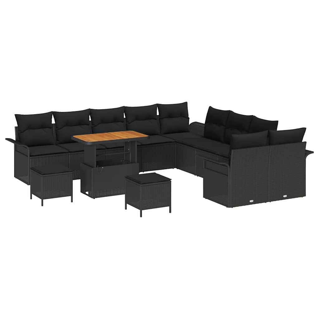 Havesofa Sæt 13 pcs Sort Polyrattan, stål og massivt akacietræ