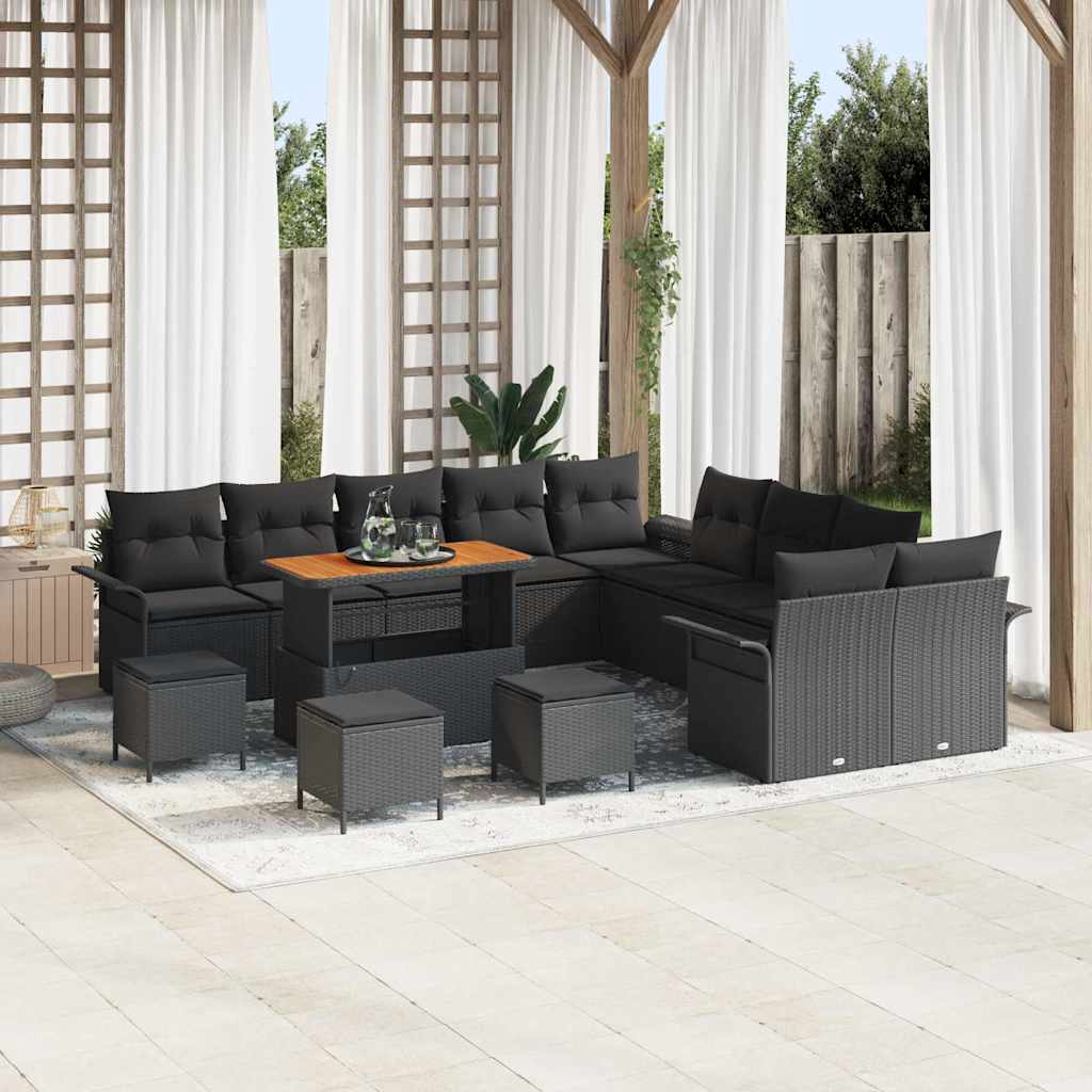 Havesofa Sæt 14 pcs Sort Polyrattan, stål og massivt akacietræ
