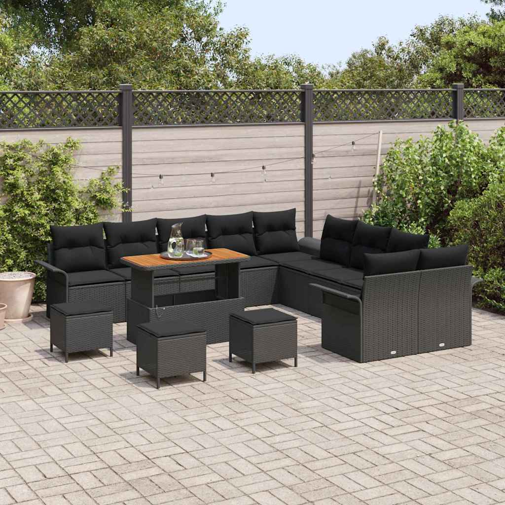 Havesofa Sæt 14 pcs Sort Polyrattan, stål og massivt akacietræ