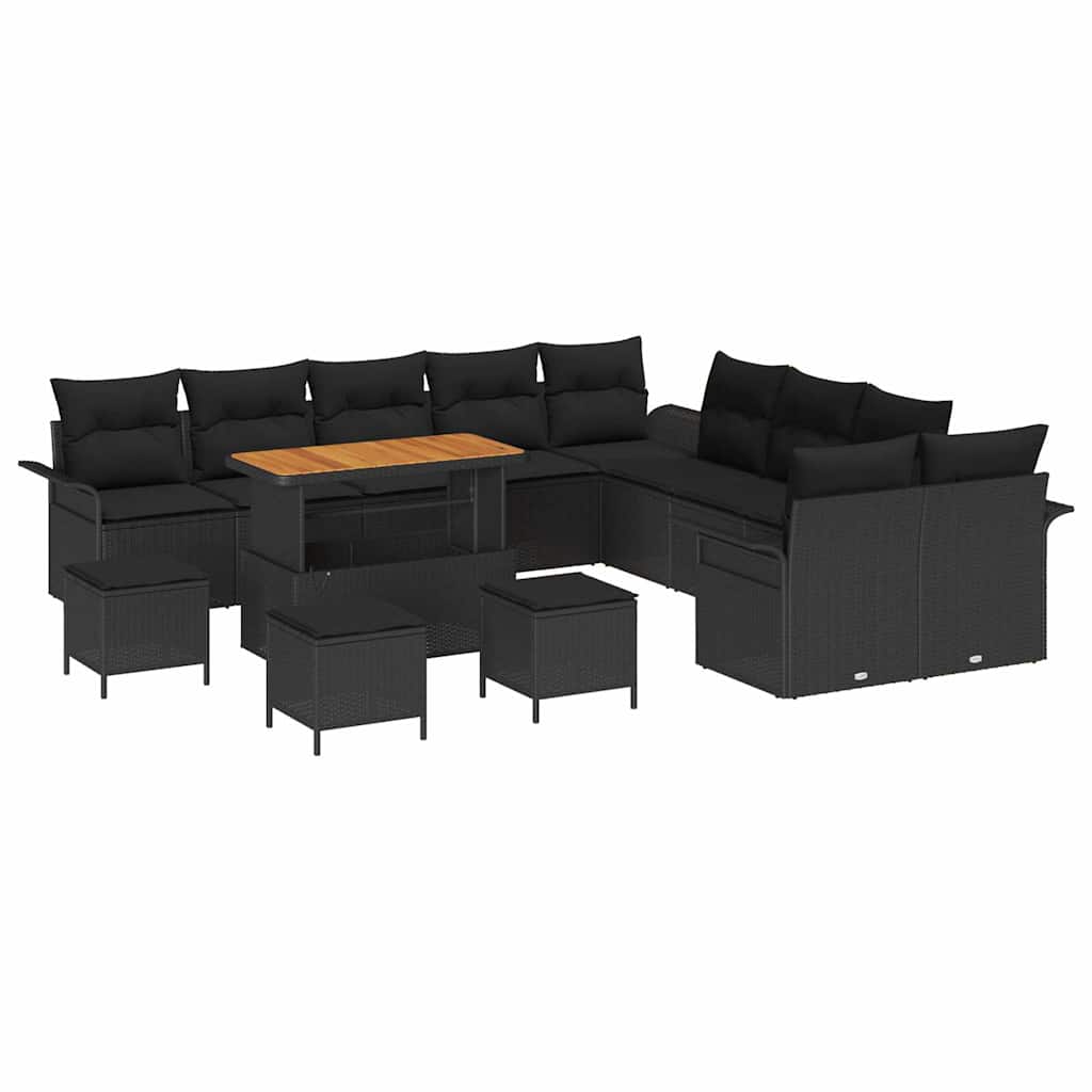 Havesofa Sæt 14 pcs Sort Polyrattan, stål og massivt akacietræ