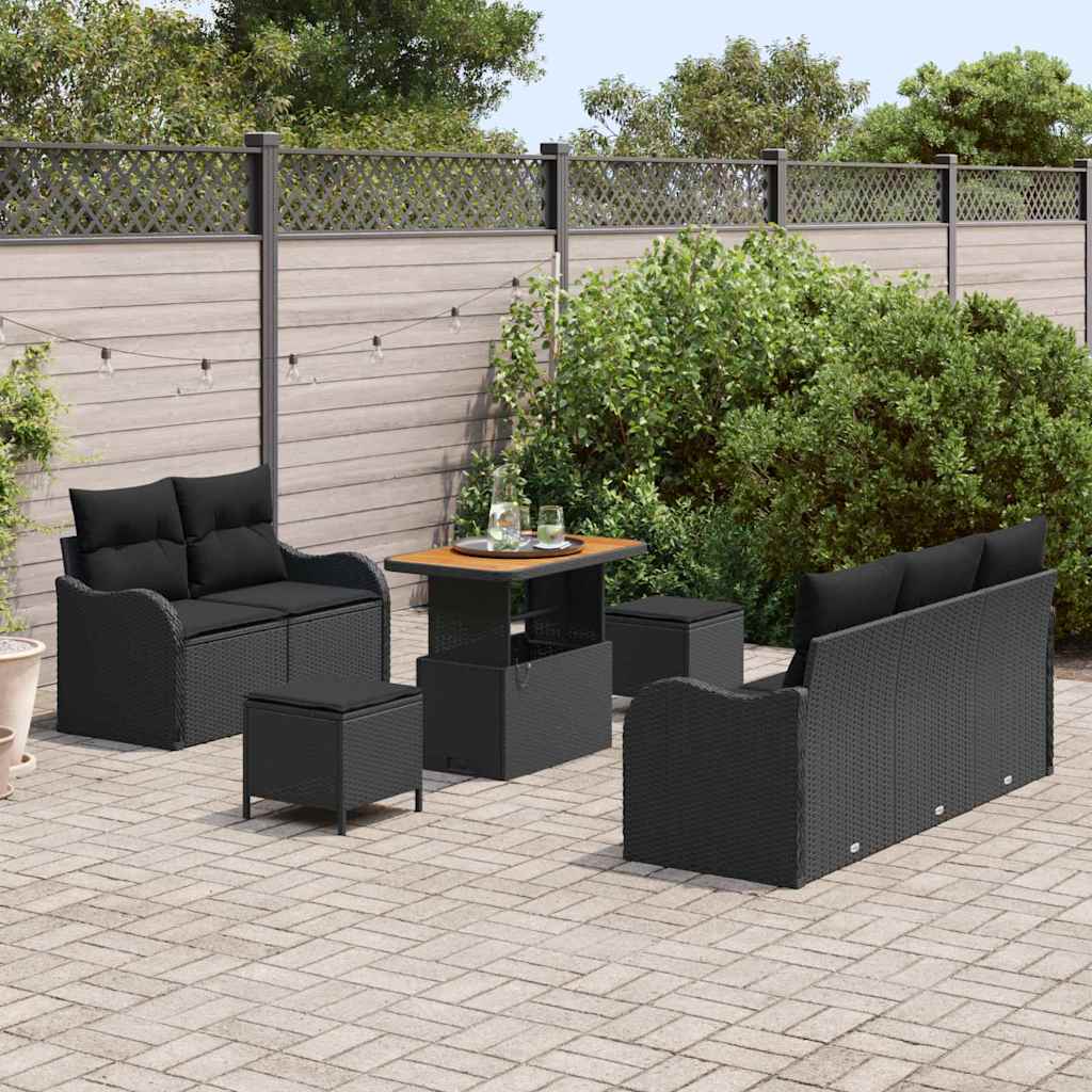 Havesofa Sæt 8 pcs Sort Polyrattan, stål og massivt akacietræ