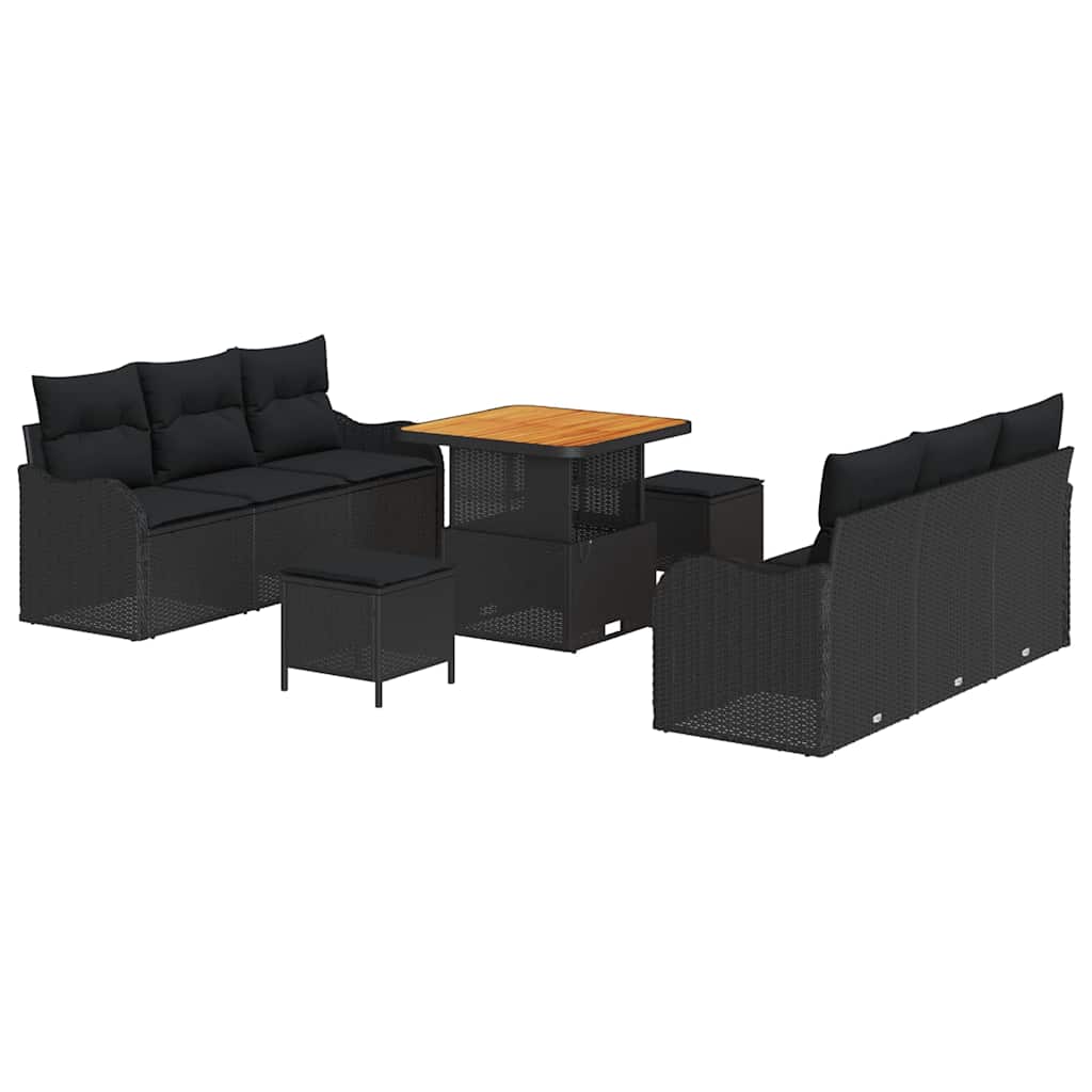 Havesofa Sæt 9 pcs Sort Polyrattan, stål og massivt akacietræ