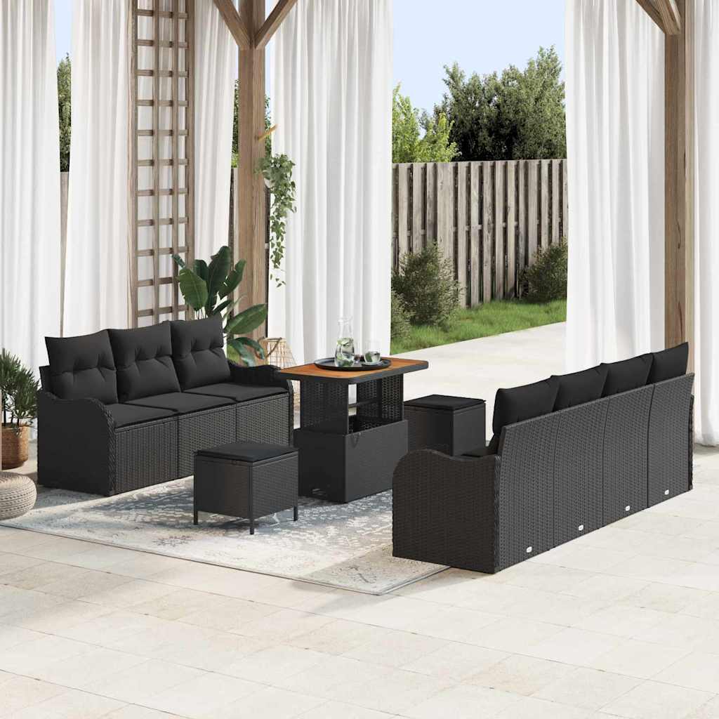 Havesofa Sæt 10 pcs Sort Polyrattan, stål og massivt akacietræ