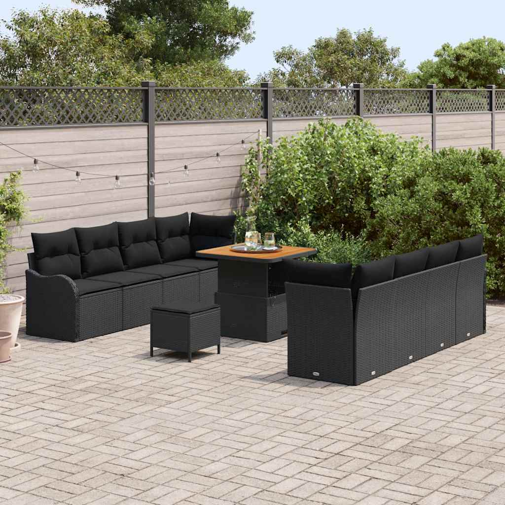 Havesofa Sæt 11 pcs Sort Polyrattan, stål og massivt akacietræ