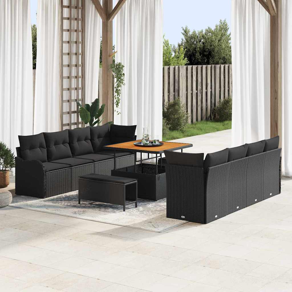 Havesofa Sæt 11 pcs Sort Polyrattan, stål og massivt akacietræ