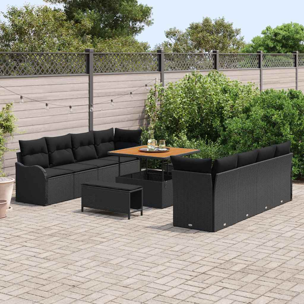 Havesofa Sæt 11 pcs Sort Polyrattan, stål og massivt akacietræ