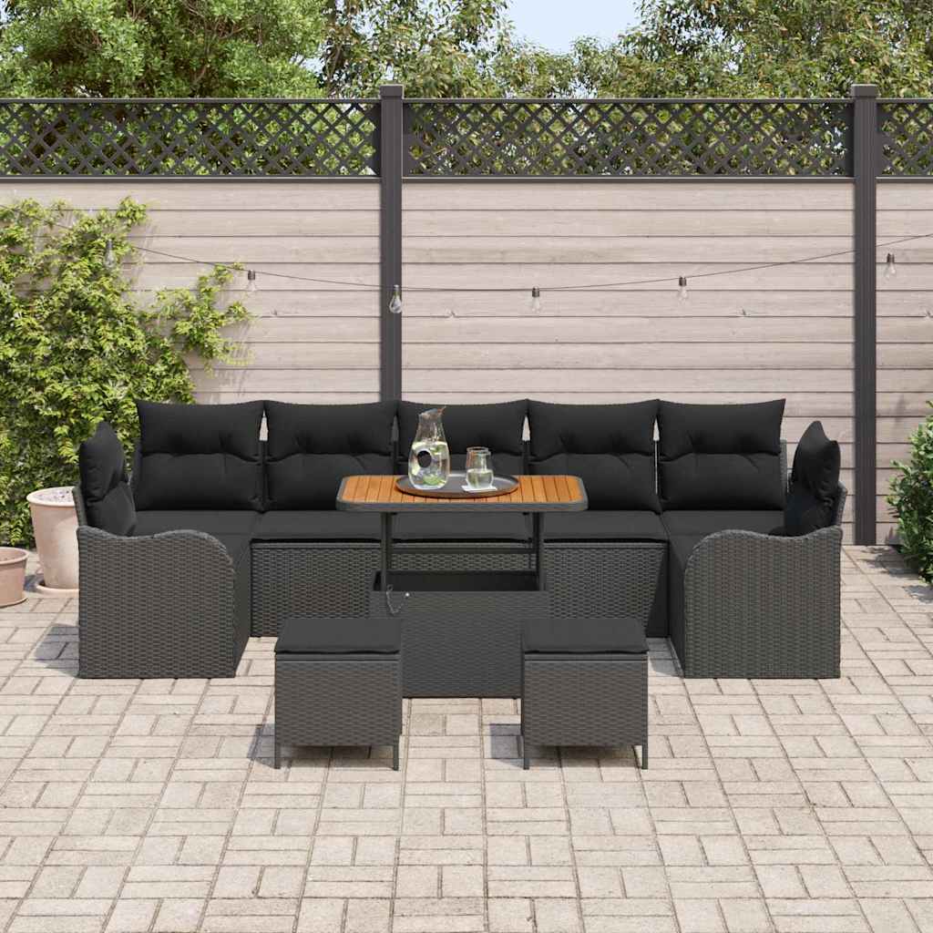 Havesofa Sæt 10 pcs Sort Polyrattan, stål og massivt akacietræ