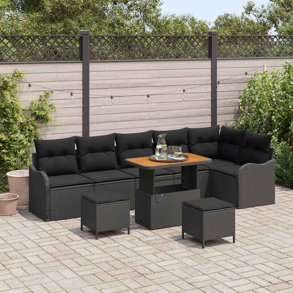 Havesofa Sæt 9 pcs Sort Polyrattan, stål og massivt akacietræ
