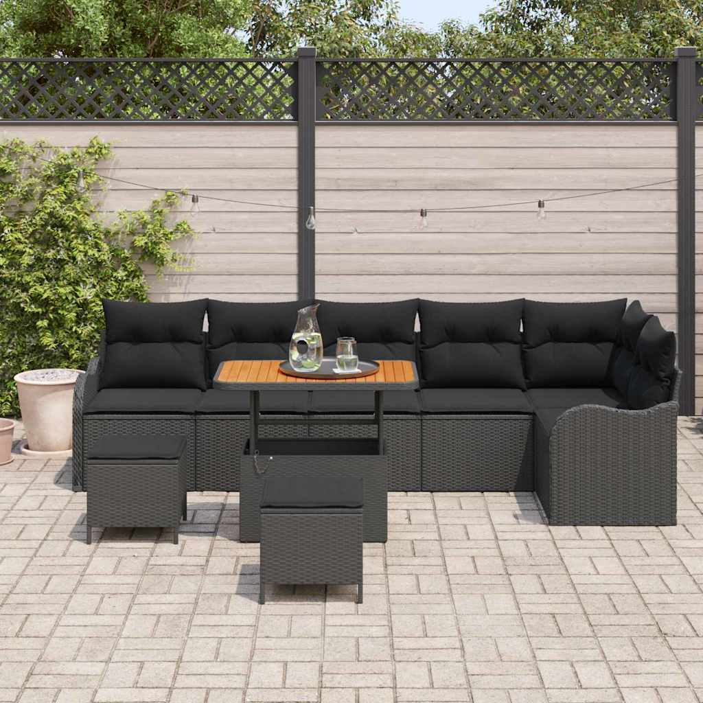 Havesofa Sæt 9 pcs Sort Polyrattan, stål og massivt akacietræ
