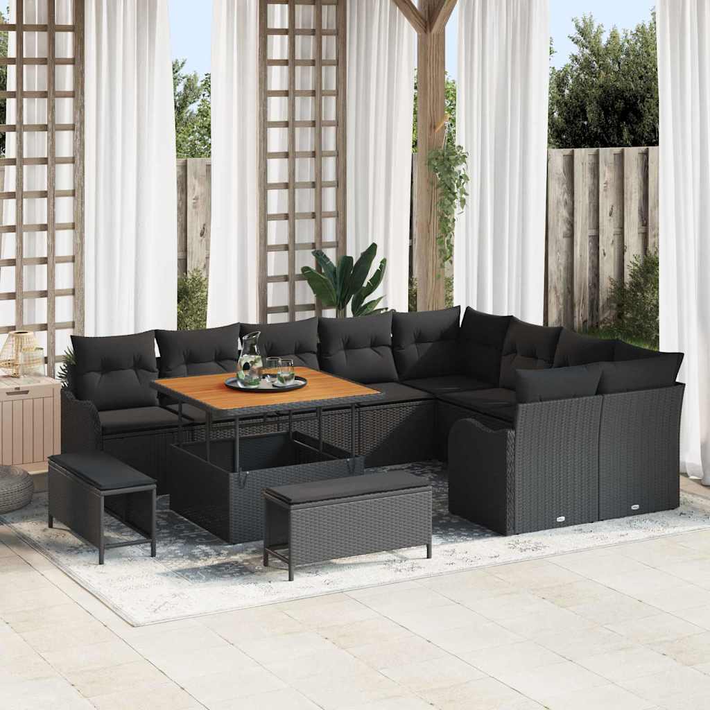 Havesofa Sæt 12 pcs Sort Polyrattan, stål og massivt akacietræ
