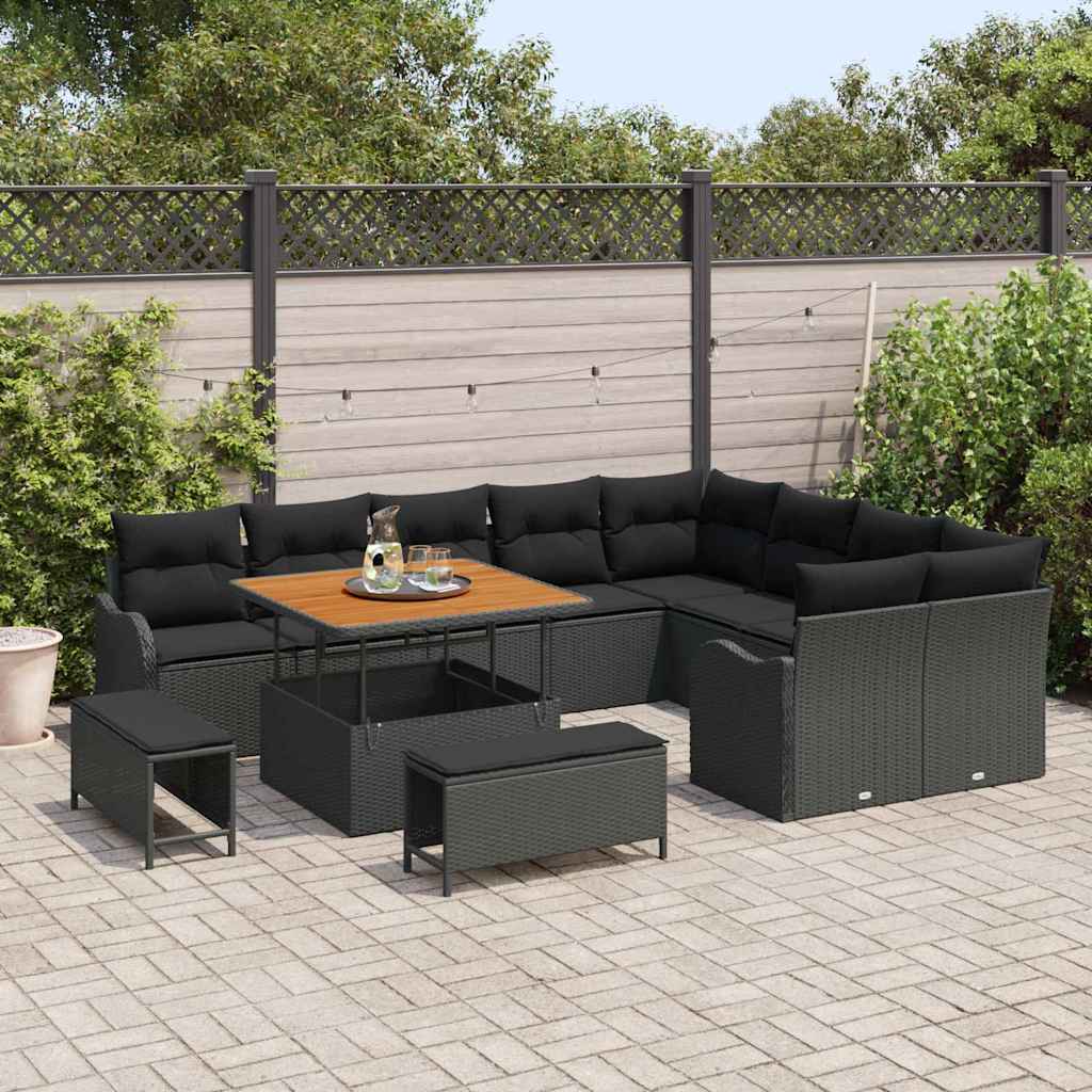 Havesofa Sæt 12 pcs Sort Polyrattan, stål og massivt akacietræ