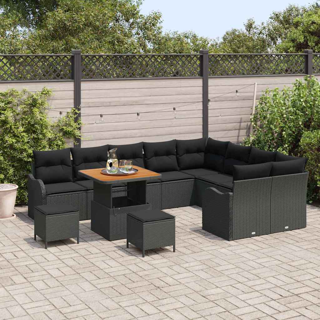 Havesofa Sæt 12 pcs Sort Polyrattan, stål og massivt akacietræ