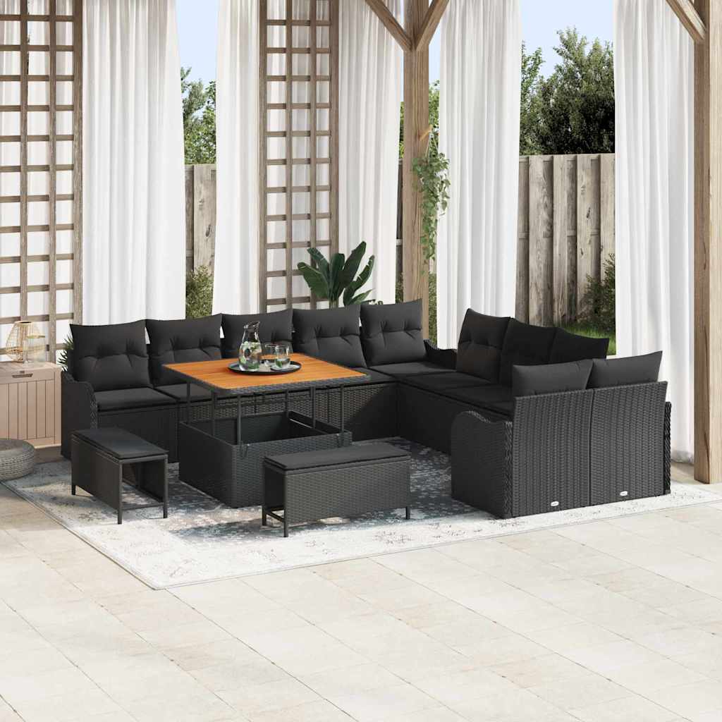 Havesofa Sæt 13 pcs Sort Polyrattan, stål og massivt akacietræ