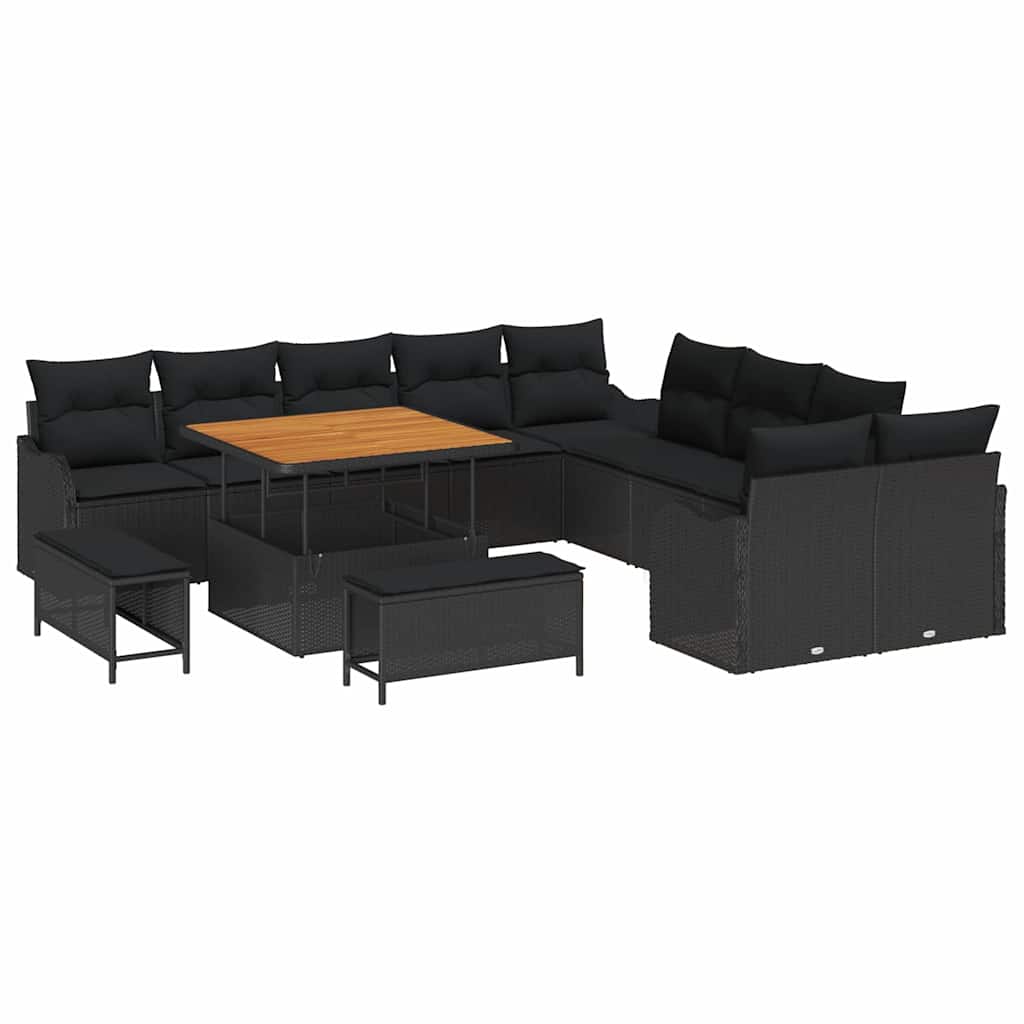Havesofa Sæt 13 pcs Sort Polyrattan, stål og massivt akacietræ