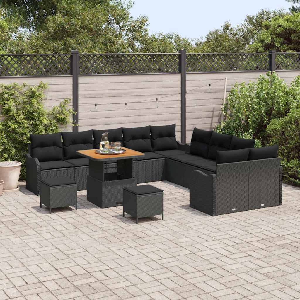 Havesofa Sæt 13 pcs Sort Polyrattan, stål og massivt akacietræ