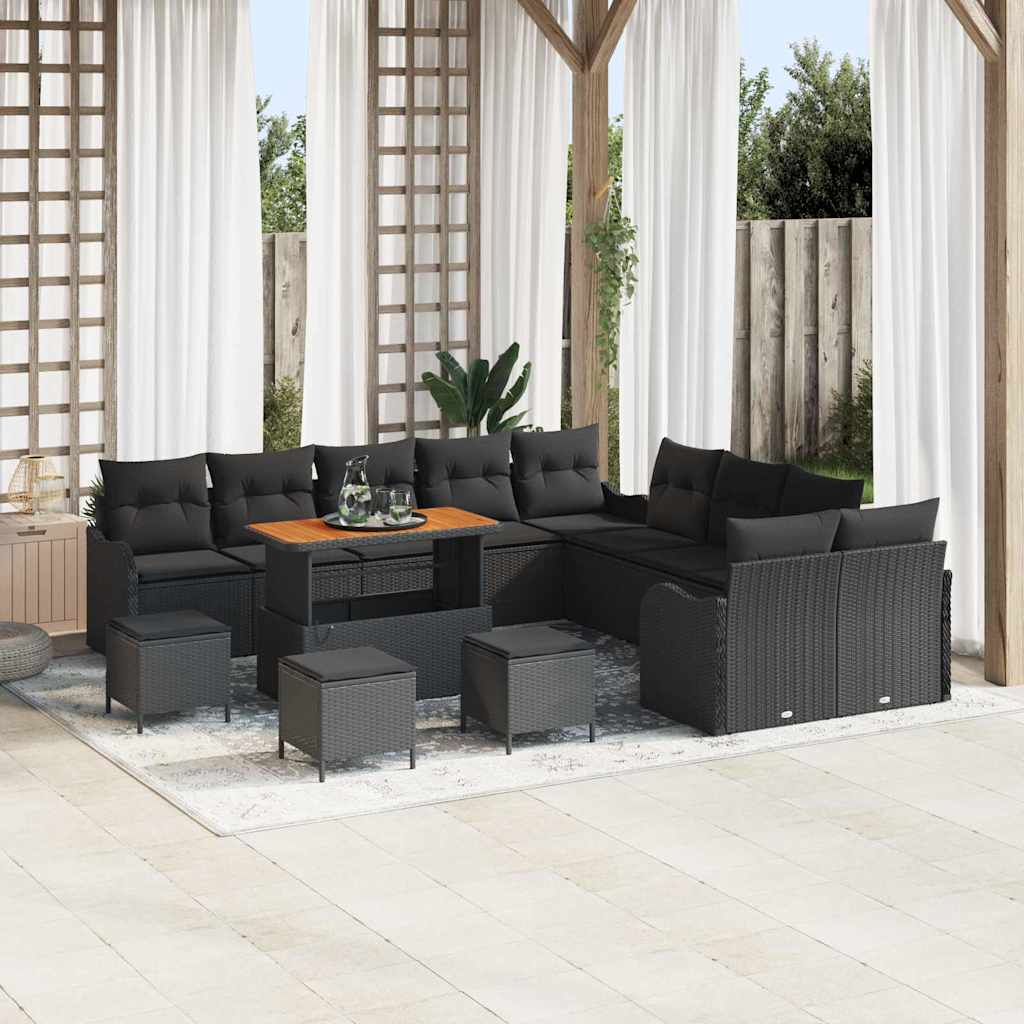 Havesofa Sæt 14 pcs Sort Polyrattan, stål og massivt akacietræ