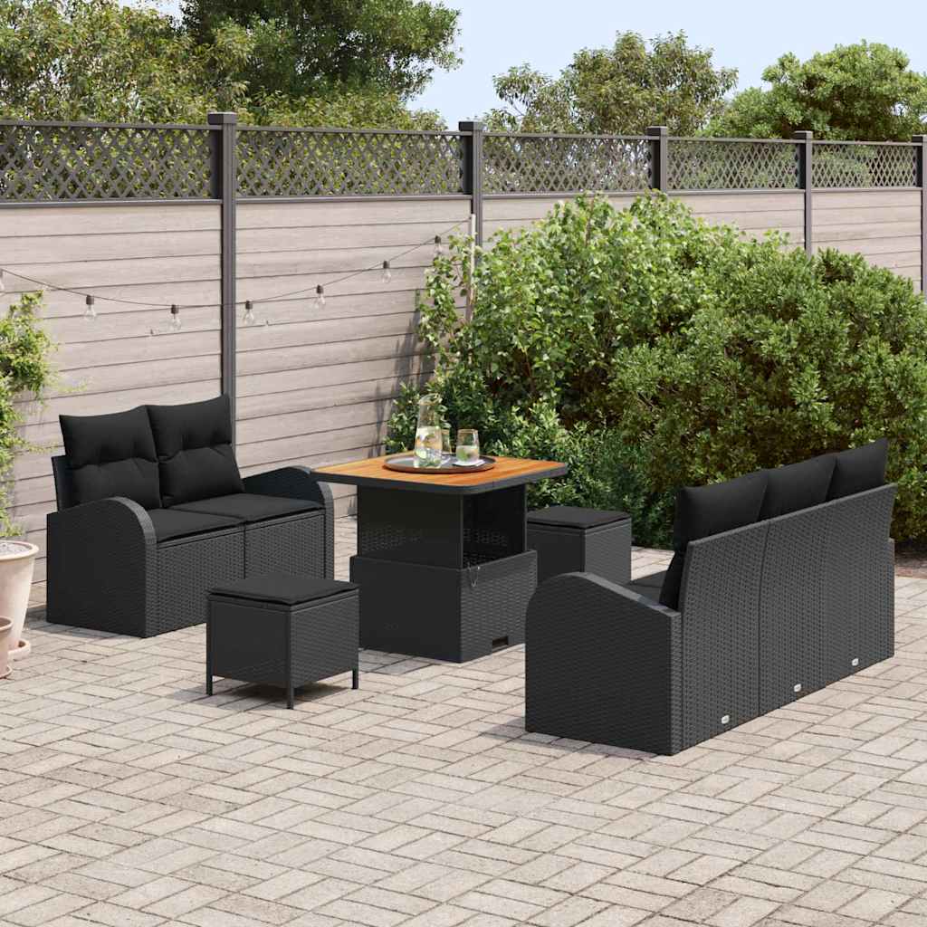Havesofa Sæt 8 pcs Sort Polyrattan, stål og massivt akacietræ