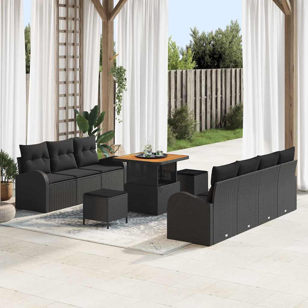 Havesofa Sæt 10 pcs Sort Polyrattan, stål og massivt akacietræ