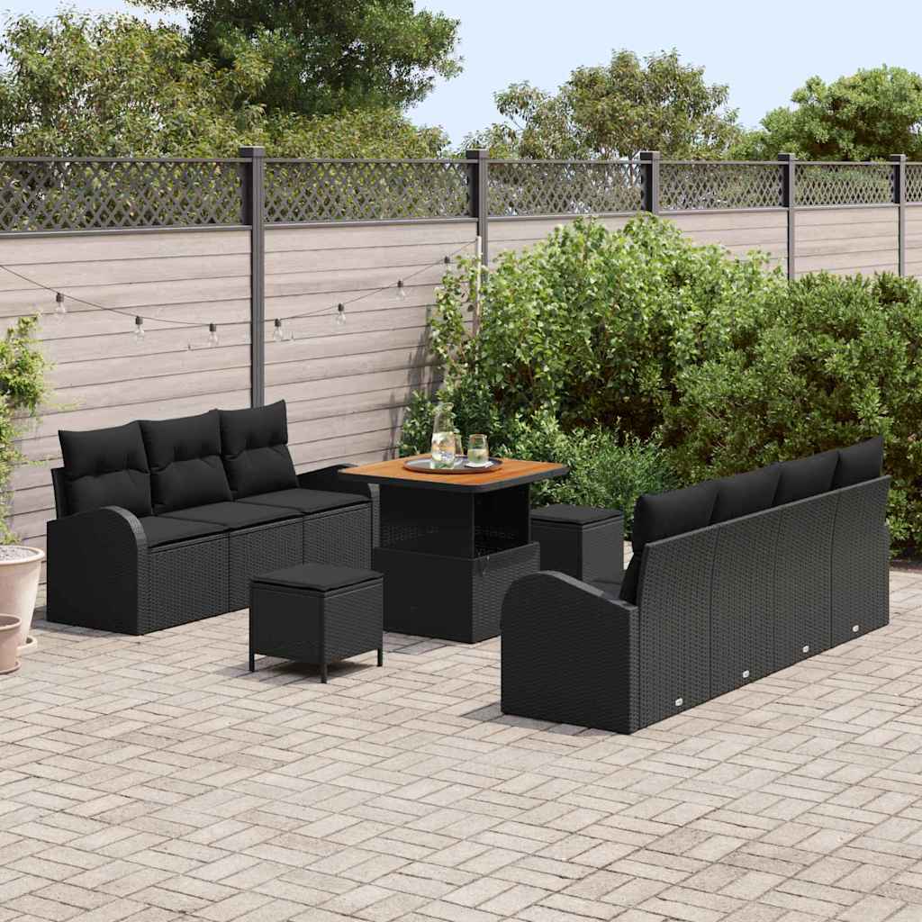 Havesofa Sæt 10 pcs Sort Polyrattan, stål og massivt akacietræ