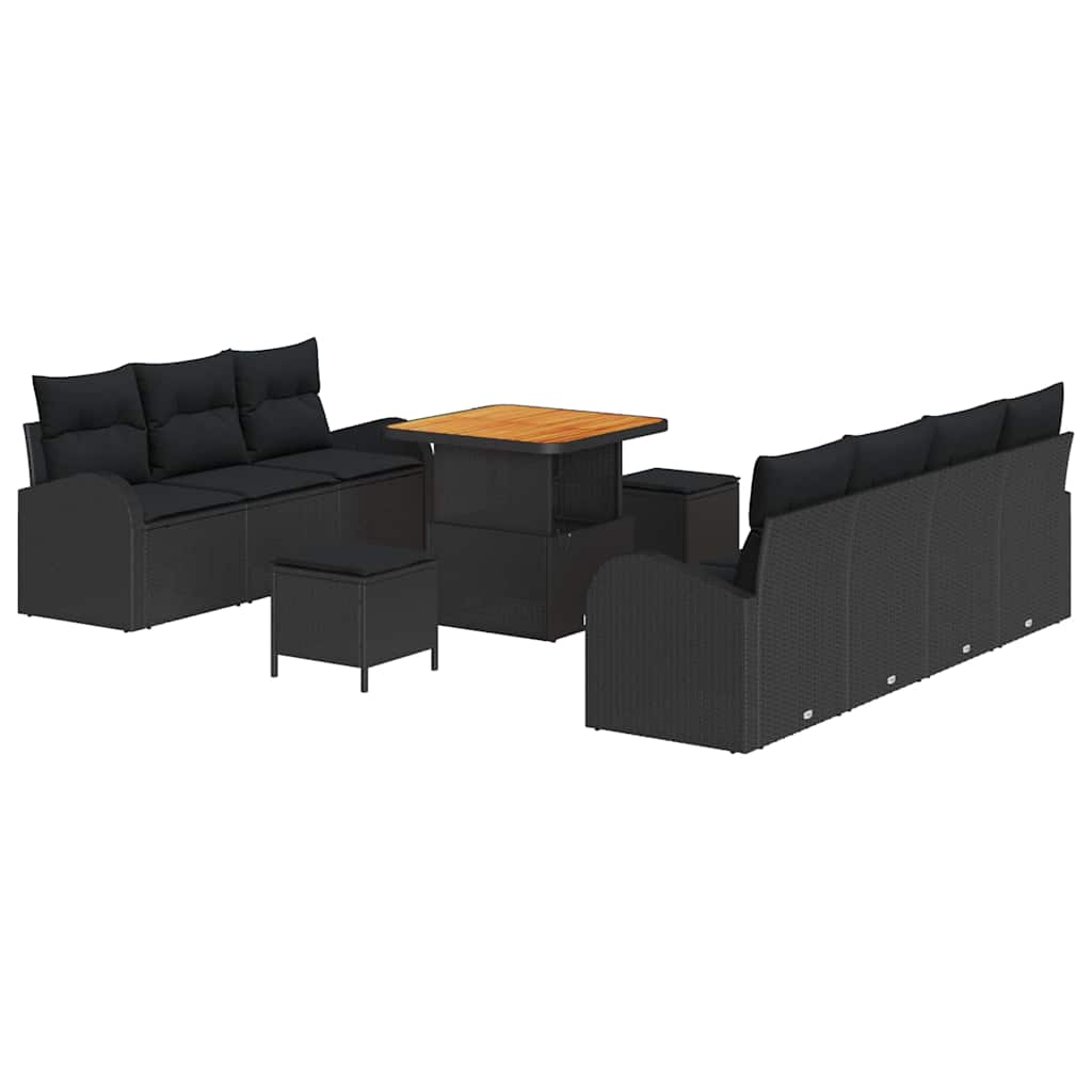 Havesofa Sæt 10 pcs Sort Polyrattan, stål og massivt akacietræ
