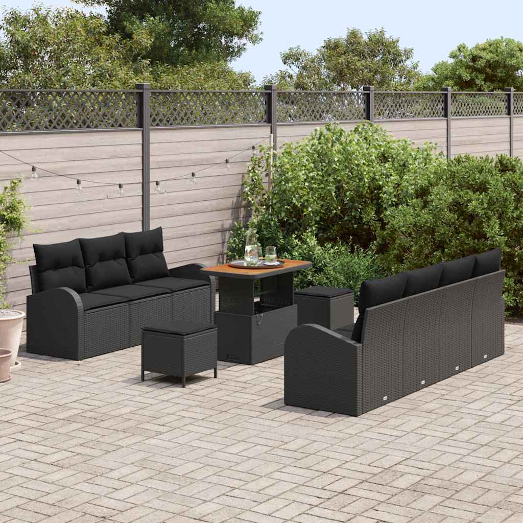 Havesofa Sæt 10 pcs Sort Polyrattan, stål og massivt akacietræ