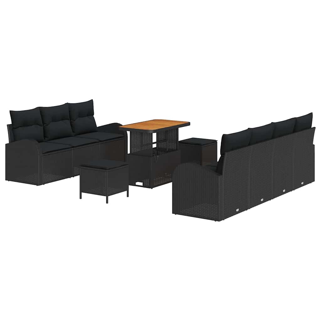 Havesofa Sæt 10 pcs Sort Polyrattan, stål og massivt akacietræ