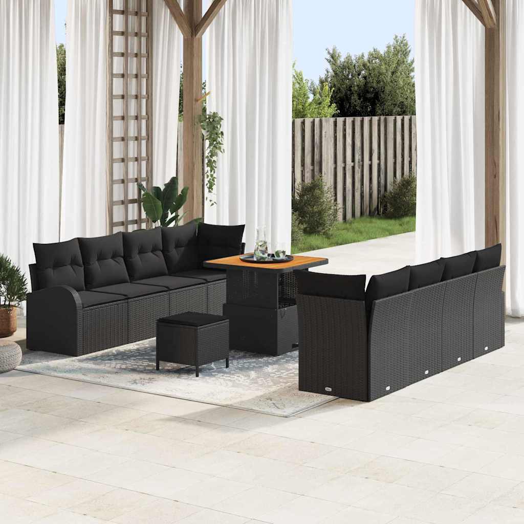 Havesofa Sæt 11 pcs Sort Polyrattan, stål og massivt akacietræ